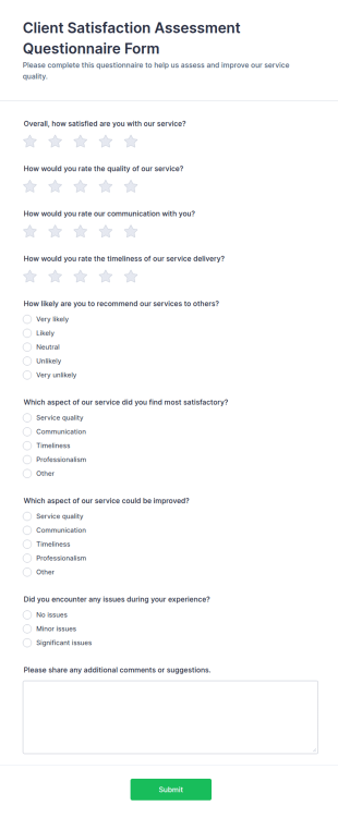 Client Satisfaction Assessment Questionnaire Form Template