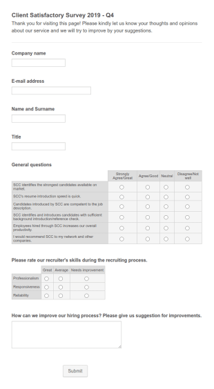Client Satisfactory Survey 2019 Q4 Form Template