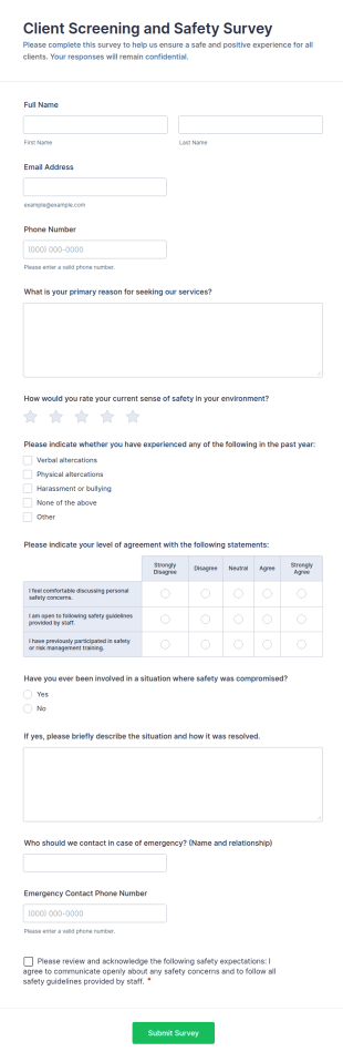 Client Screening And Safety Survey Form Template