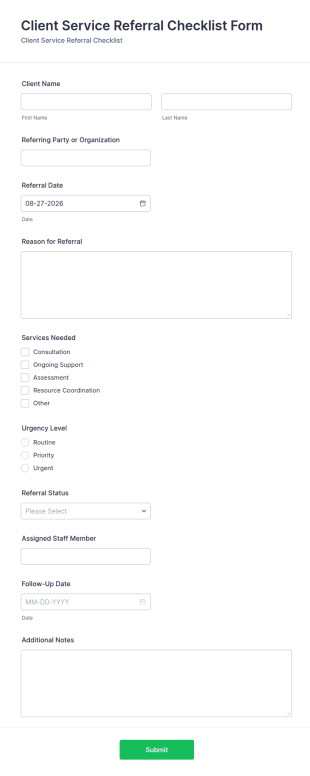 Client Service Referral Checklist Form Template
