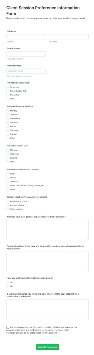Client Session Preference Information Form Template