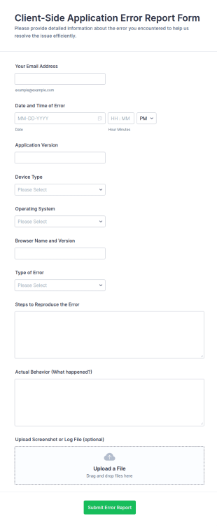 Client Side Application Error Report Form Template