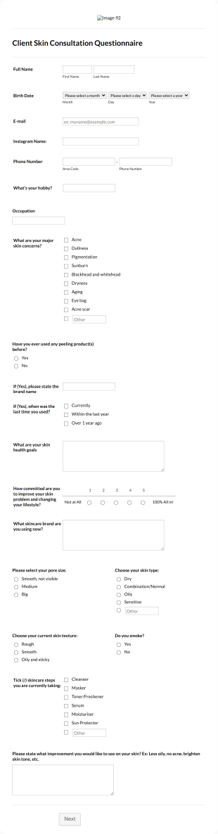 Client Skin Consultation Survey Form Template