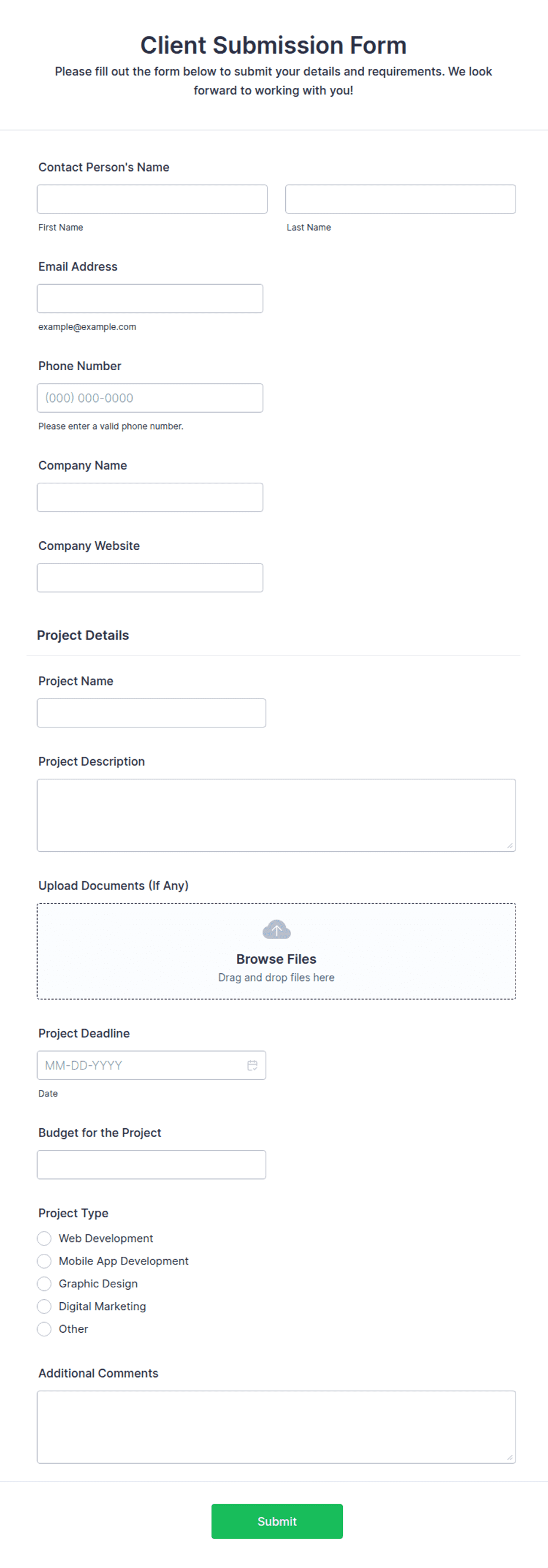 Commission Submission Form Example Client Submission Form Template | Jotform