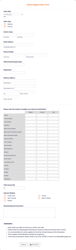 Client Supply Order Form Template