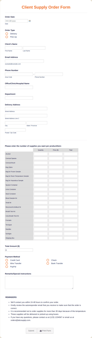 Client Supply Order Form Template