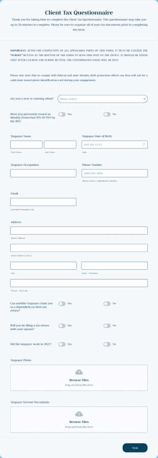 Client Tax Questionnaire Form Template