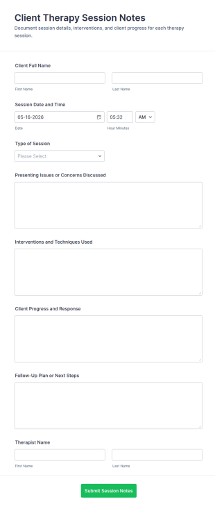 Client Therapy Session Notes Form Template