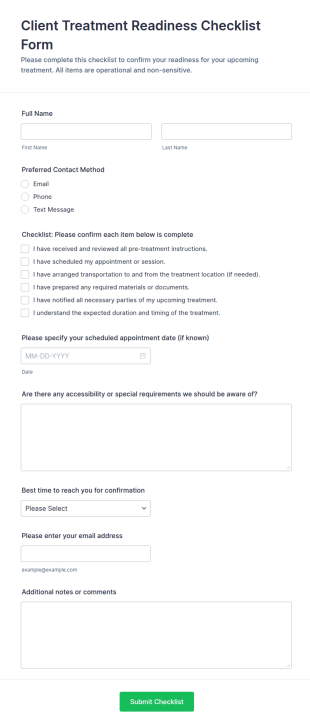 Client Treatment Readiness Checklist Form Template
