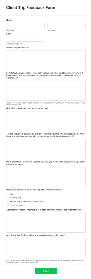 Client Trip Feedback Form Template