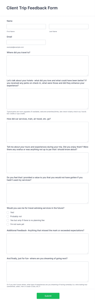 Client Trip Feedback Form Template
