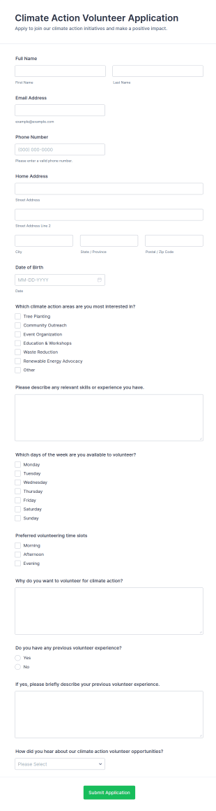Climate Action Volunteer Application Form Template