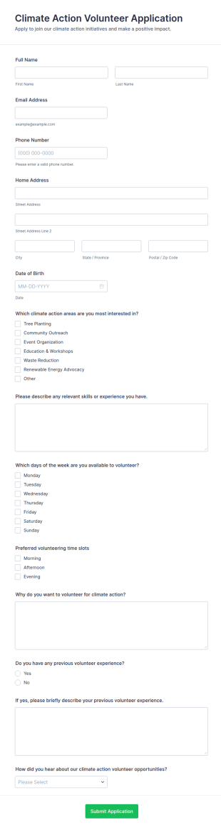 Climate Action Volunteer Application Form Template