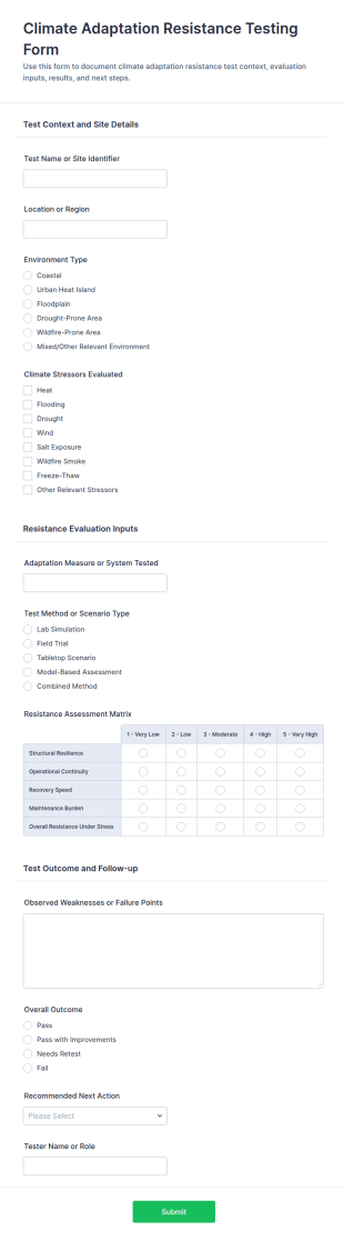 Climate Adaptation Resistance Testing Form Template