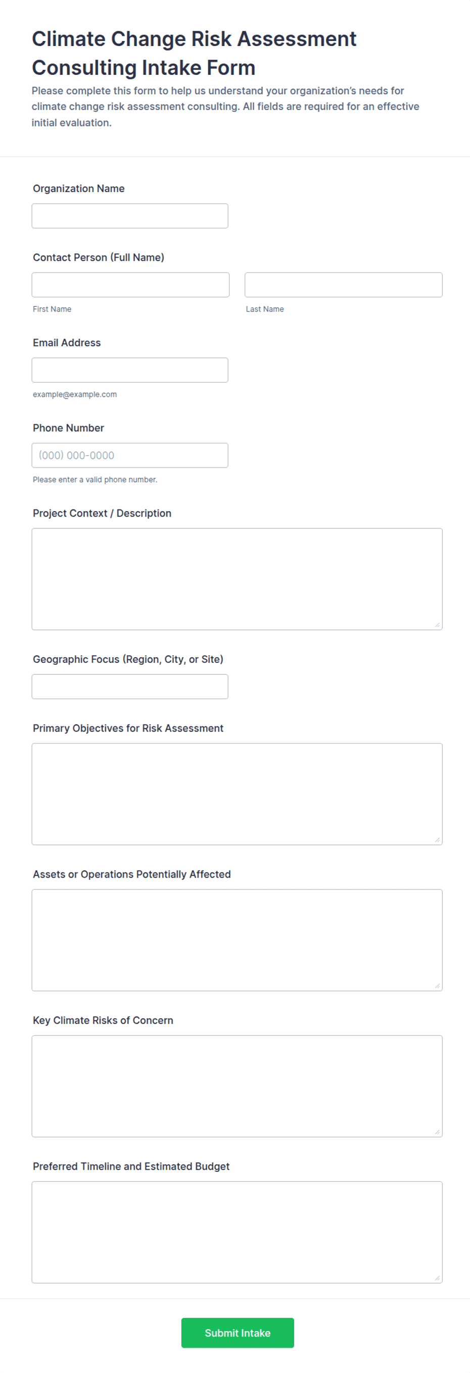 Climate Change Risk Assessment Consulting Intake Form Template | Jotform