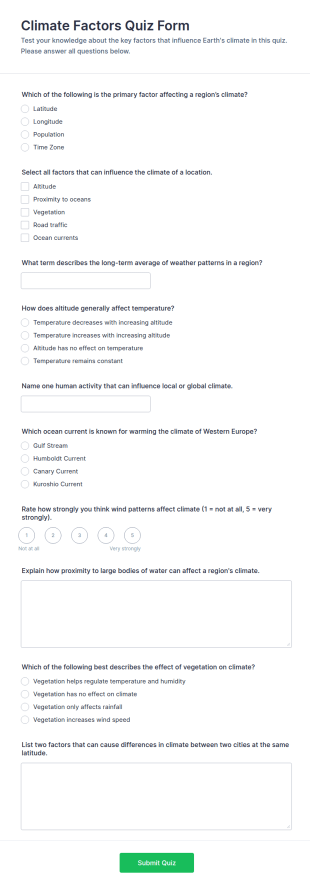 Climate Factors Quiz Form Template