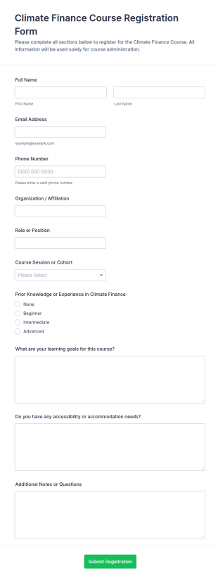 Climate Finance Course Registration Form Template