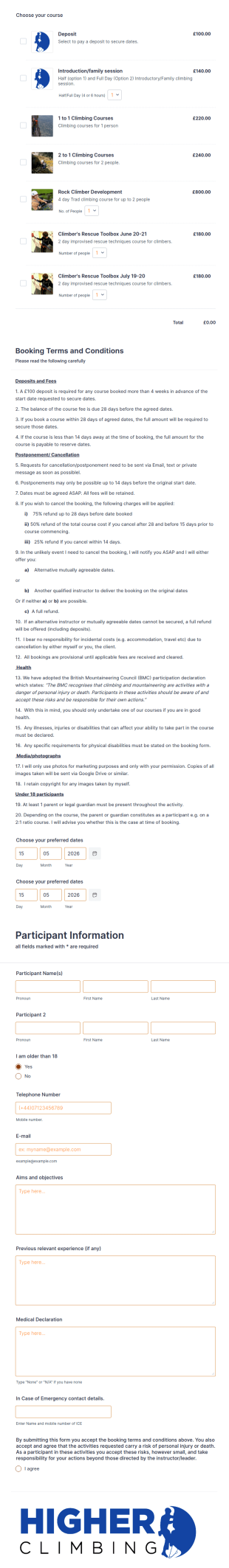 Climbing Booking Form Template