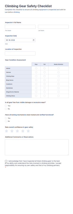 Climbing Gear Safety Checklist Form Template