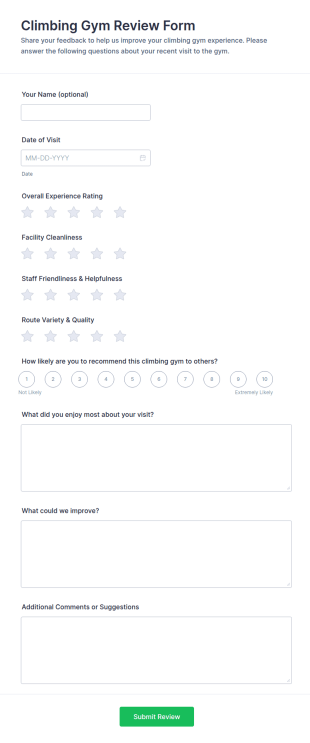 Climbing Gym Review Form Template