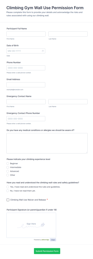 Climbing Gym Wall Use Permission Form Template