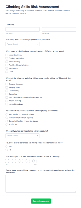 Climbing Skills Risk Assessment Form Template