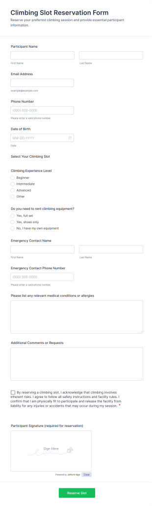 Climbing Slot Reservation Form Template