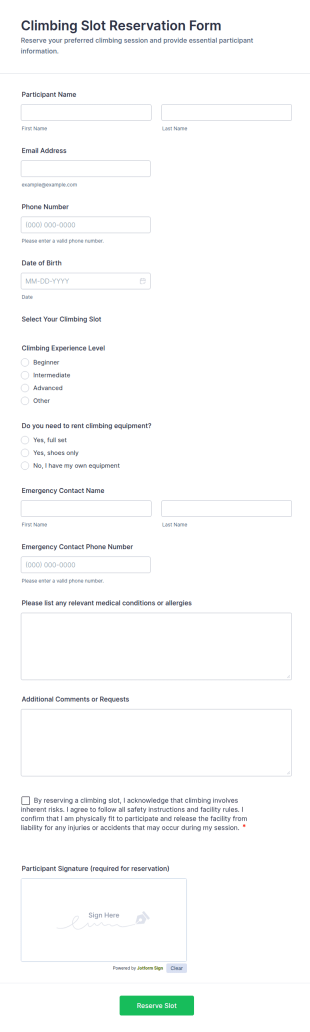 Climbing Slot Reservation Form Template