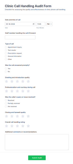 Clinic Call Handling Audit Form Template