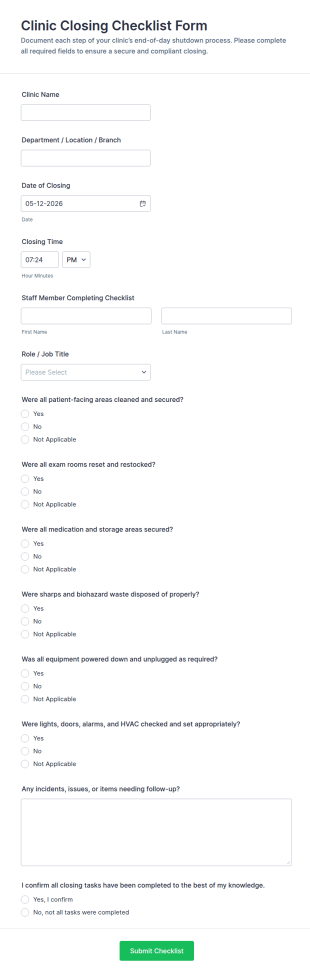 Clinic Closing Checklist Form Template