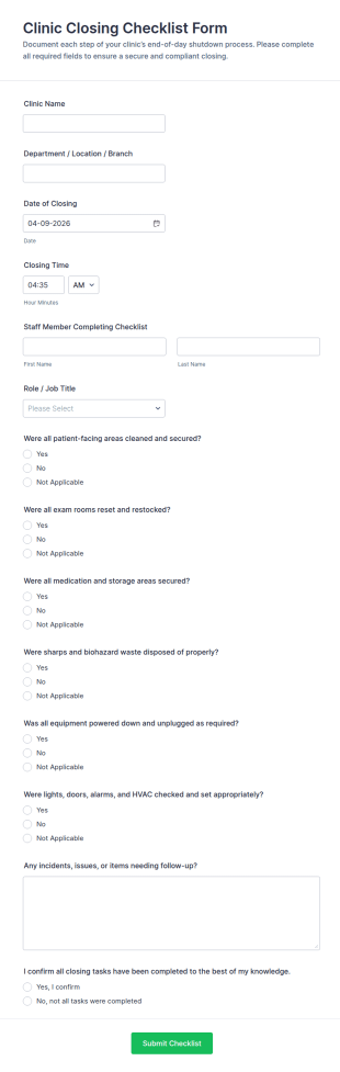 Clinic Closing Checklist Form Template