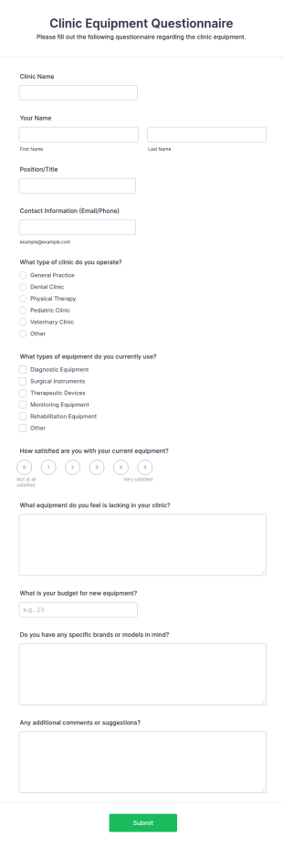 Clinic Equipment Questionnaire Form Template
