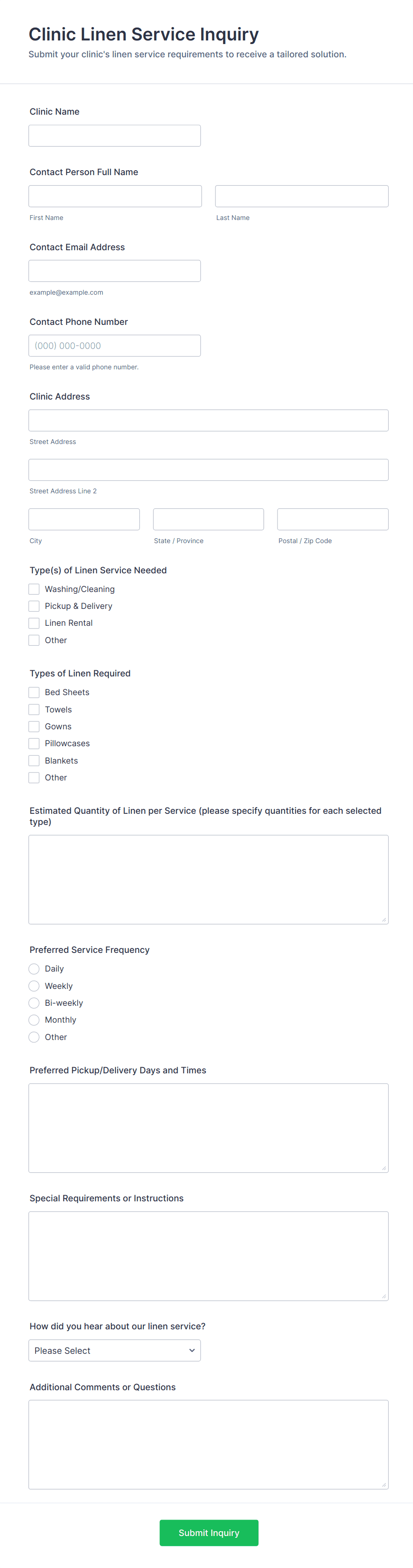 Clinic Linen Service Inquiry Form Template | Jotform