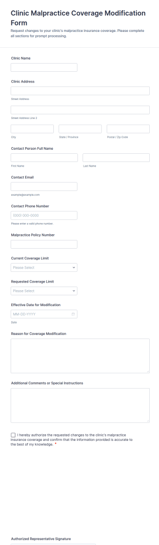 Clinic Malpractice Coverage Modification Form Template