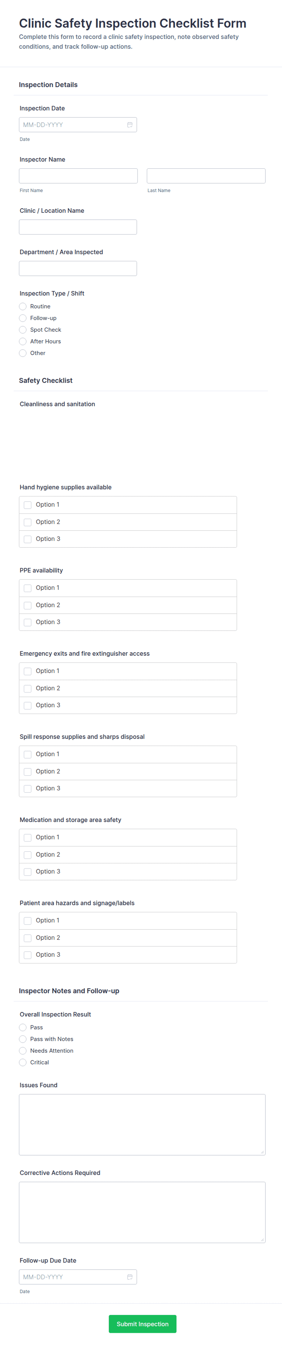 Example Insection Report Form Clinic Safety Inspection Checklist Form Template | Jotform