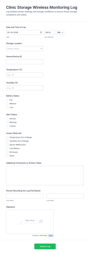 Clinic Storage Wireless Monitoring Log Form Template