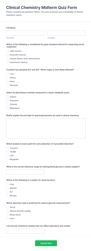 Clinical Chemistry Midterm Quiz Form Template