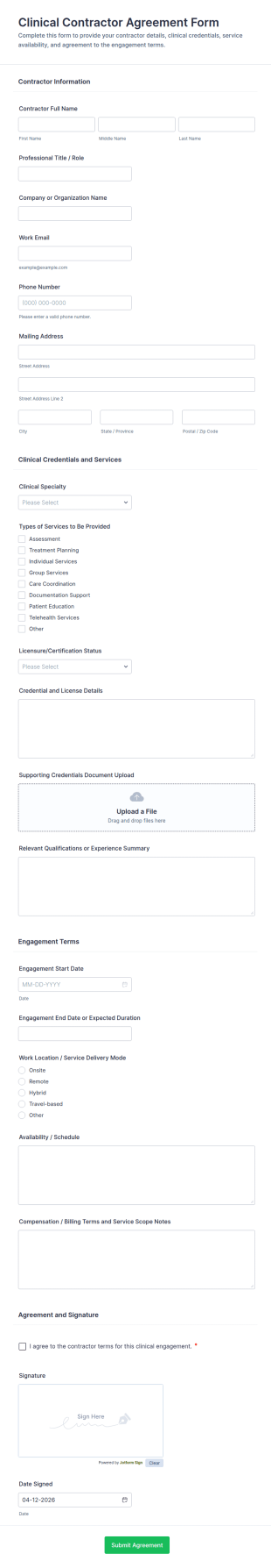 Clinical Contractor Agreement Form Template