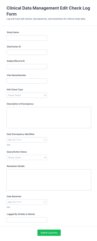 Clinical Data Management Edit Check Log Form Template