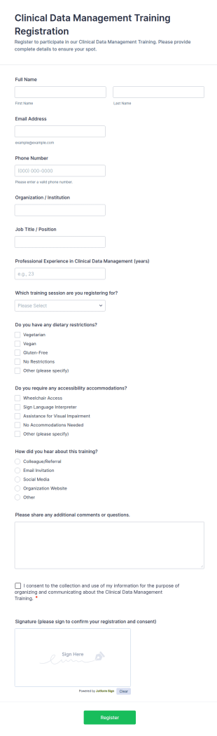 Clinical Data Management Training Registration Form Template