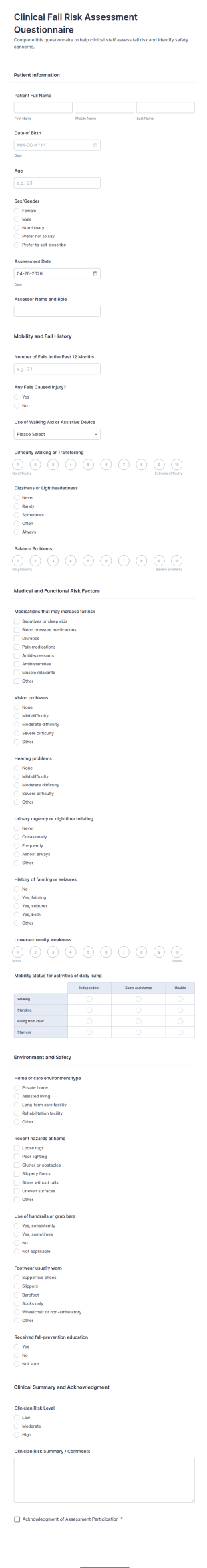 Clinical Fall Risk Assessment Questionnaire Form Template