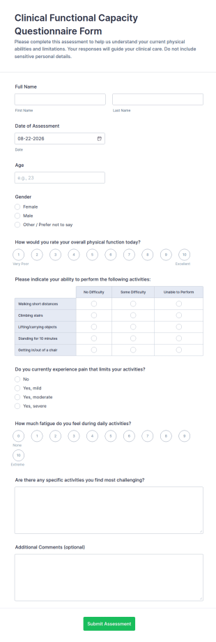Clinical Functional Capacity Questionnaire Form Template