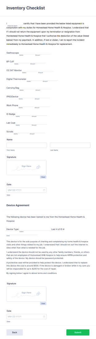 Clinical Inventory Checklist And Agreement Form Template