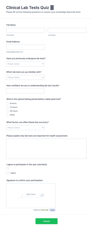Clinical Lab Tests Quiz 🧪 Form Template