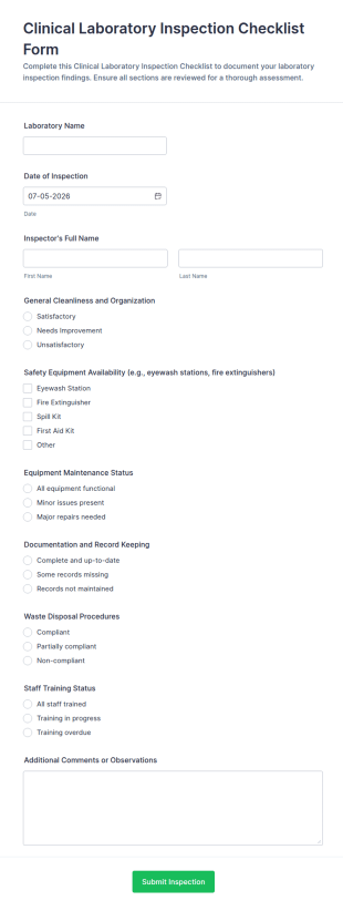 Clinical Laboratory Inspection Checklist Form Template