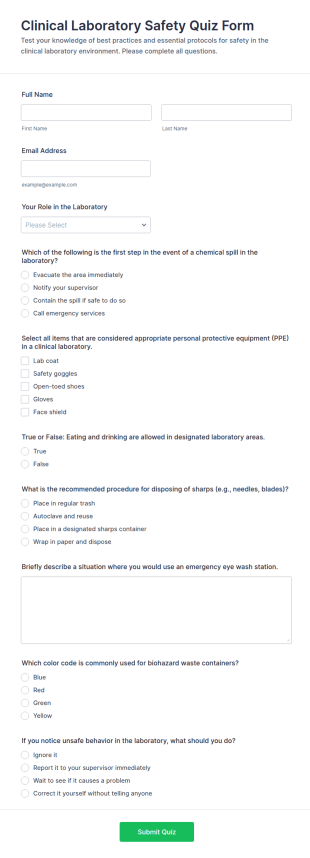 Clinical Laboratory Safety Quiz Form Template