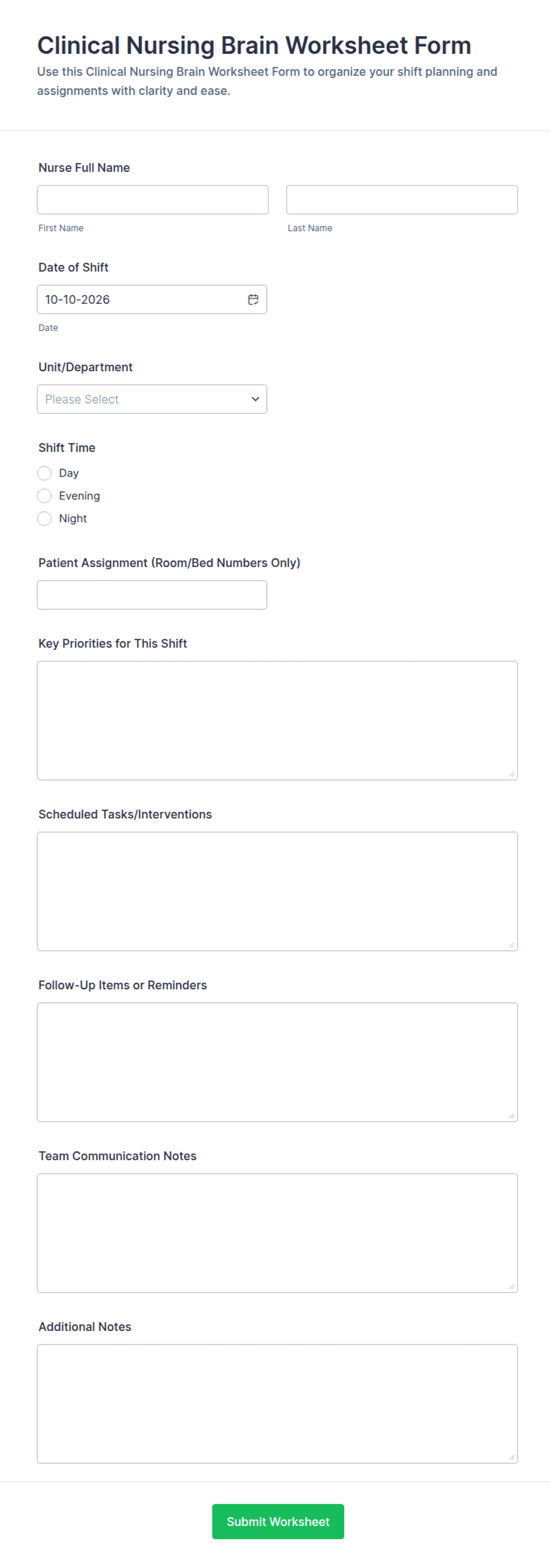 Clinical Nursing Brain Worksheet Form Template | Jotform