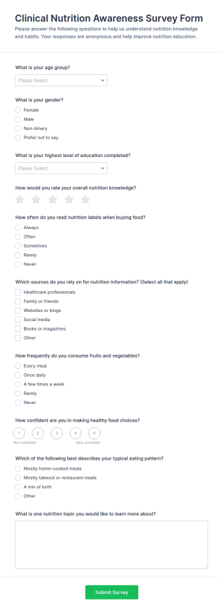 Clinical Nutrition Awareness Survey Form Template