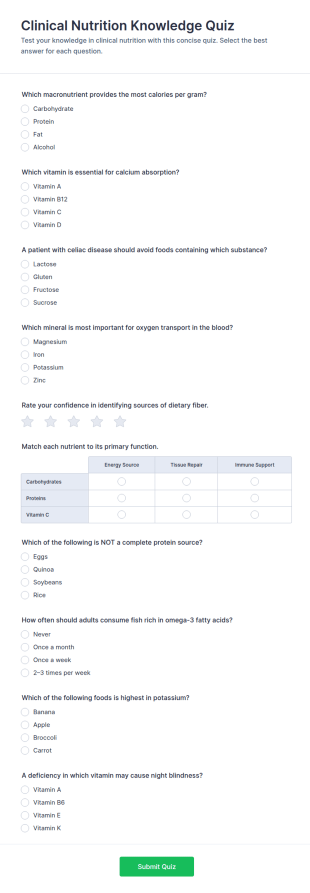 Clinical Nutrition Knowledge Quiz Form Template