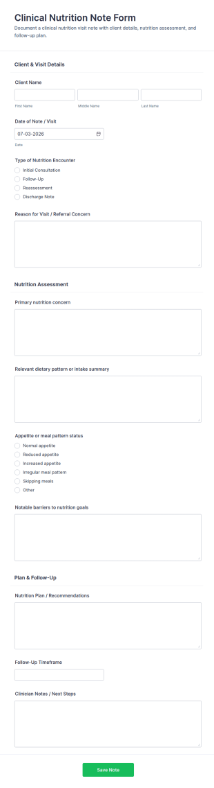 Clinical Nutrition Note Form Template